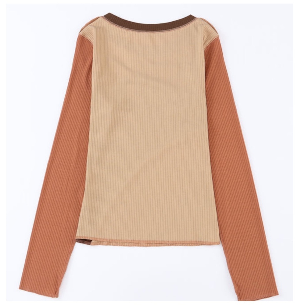 Boho Brown Exposed Seam Patchwork Color Block Ribbed Knit Top - Picture 5 of 9